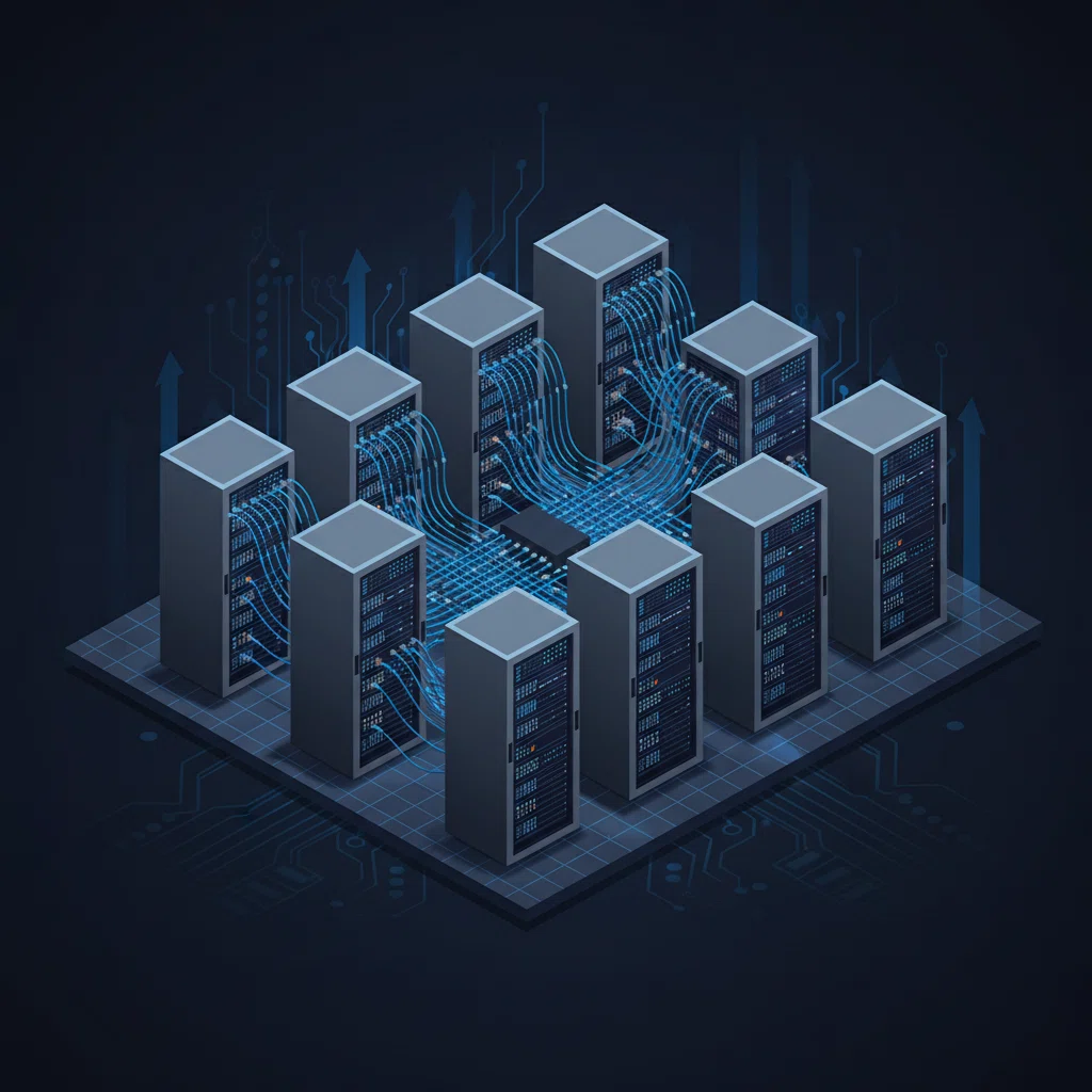 Ilustração isométrica de data center com racks de servidores conectados representando infraestrutura de colocation financeiro