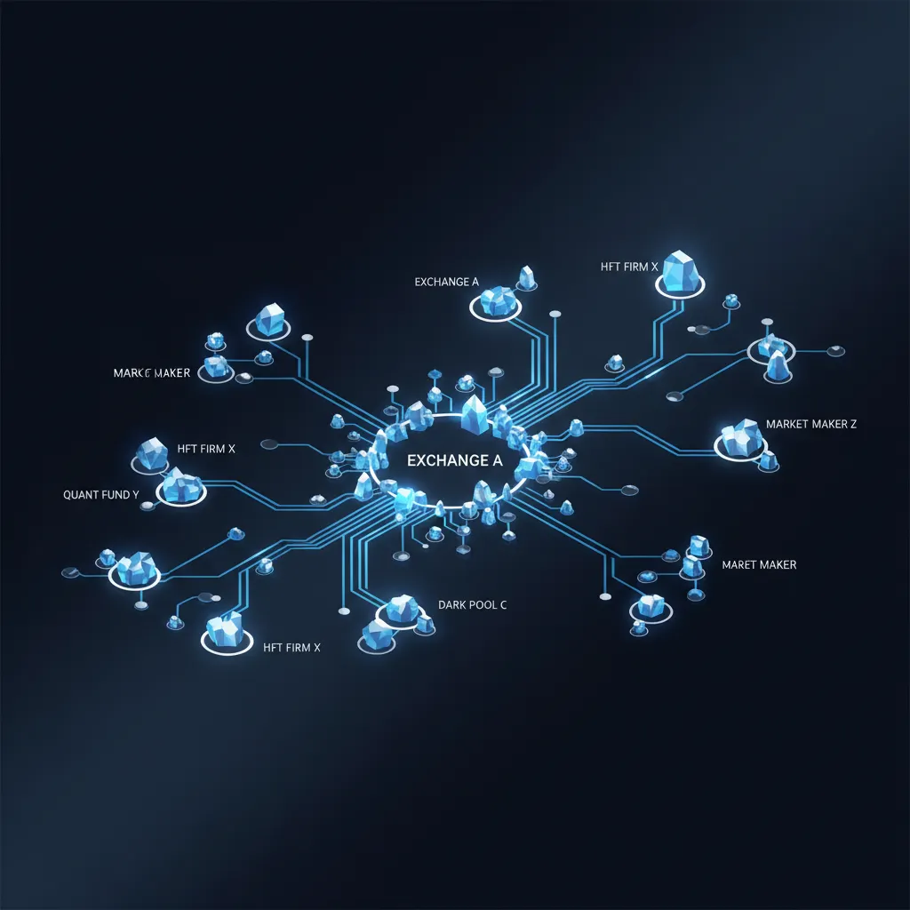 Visualização abstrata de rede de nós de dados representando infraestrutura de trading de alta frequência
